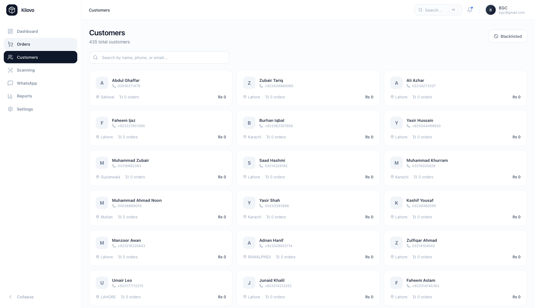 Kliovo Shop customer database with 435 contacts